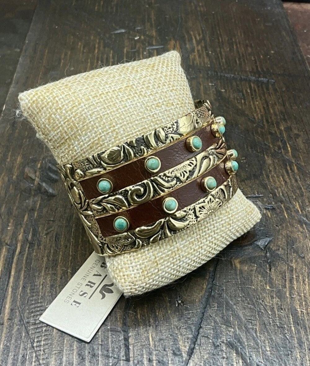 Barse Doric Wide Cuff Bracelet-Turquoise-Bronze- Leather-NWT